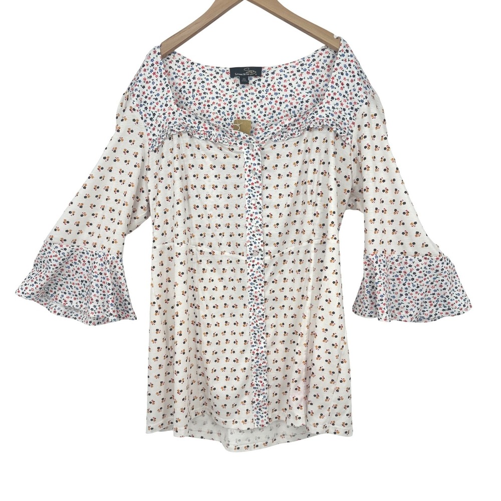 Suzanne Betro Top Womens 2X White Floral Bell Sleeve Cottagecore Boho Peasant